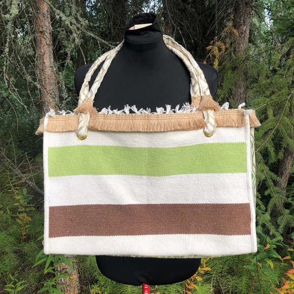 Brown Green Cream Stripe Recycled Carpet Tote Bag Purse Gold Lining Tapestry - Picture 2 of 10